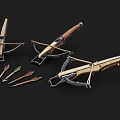 Three Vintage Crossbows With Wooden Handles Metallic Frames And Colorful Arrows