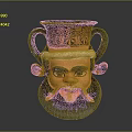 Ancient Face Sculpture Vessel With Double Handles Intricate Carved Patterns And Beard Details