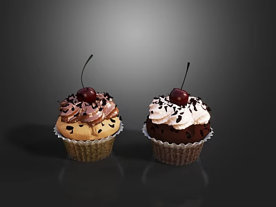 Delicious Cupcakes With Cream Topping Cherries And Chocolate Sprinkles In Paper Cups 3d model