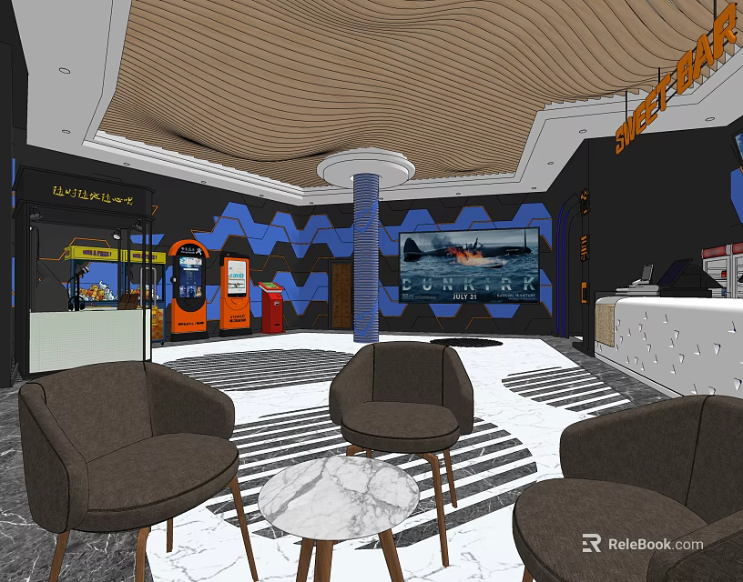 Cinema Lobby Interior With Brown Chairs Marble Table Ticket Machine And Large Screen 3d model 