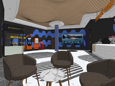 Cinema Lobby Interior With Brown Chairs Marble Table Ticket Machine And Large Screen 3d model