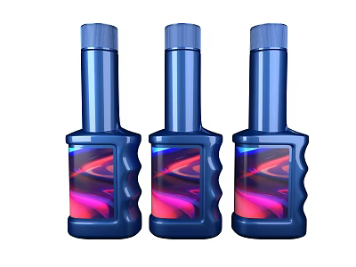 Set of Three Blue Ceramic Bottles With Wave Pattern And Colorful Labels 3d model