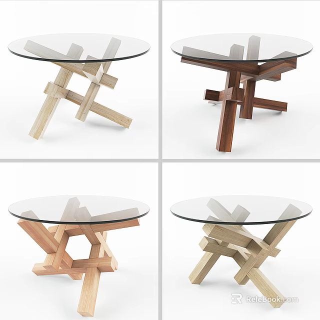 Modern Coffee Table With Glass Top And Wooden Cross Base In Light Dark Wood Tones 3d model 