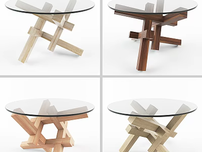 Modern Coffee Table With Glass Top And Wooden Cross Base In Light Dark Wood Tones 3d model