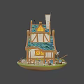 Fairy Tale Style Wooden Cottage With Blue Roof Chimney Sheep And Fence
