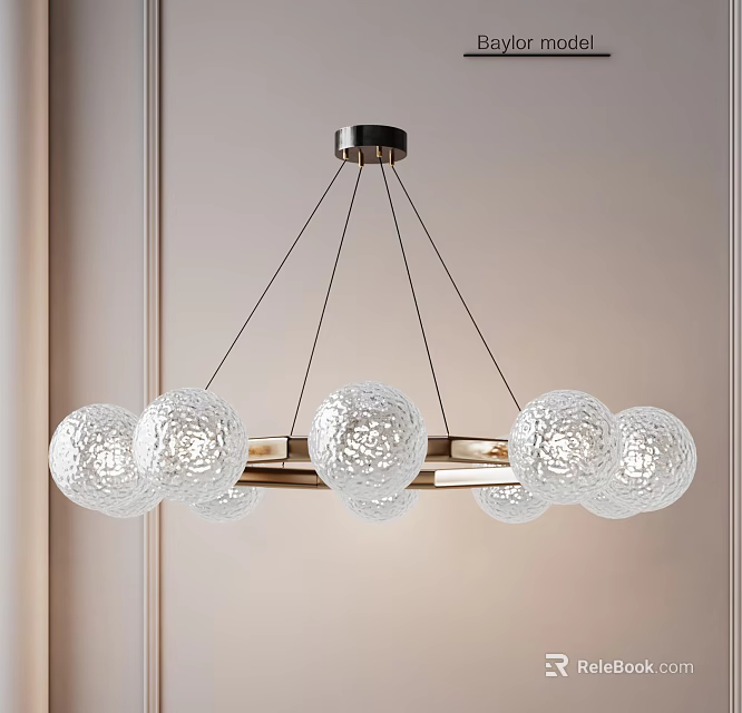Modern Brass Frame Chandelier With Textured Transparent Spherical Glass Shades 3d model 