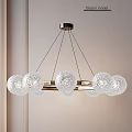 Modern Brass Frame Chandelier With Textured Transparent Spherical Glass Shades