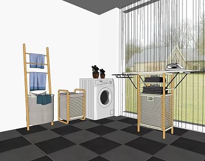 Washing Machine In Modern Laundry Room With Wooden Baskets Drying Rack Towels And Potted Plants 3d model