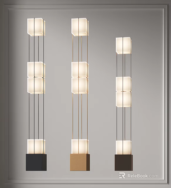 Three Modern Floor Lamps With Sleek Metal Frames And Square White Shades 3d model 