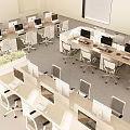 Neatly Arranged Modern Office Desks With Computers And Ergonomic Chairs In Workspace