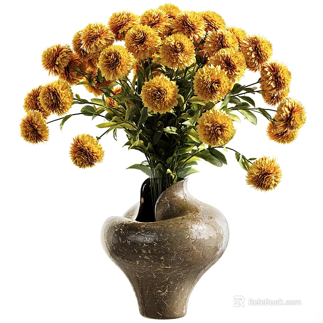Yellow Flowers Arranged in Brown Ceramic Decorative Vase for Home Decoration 3d model 