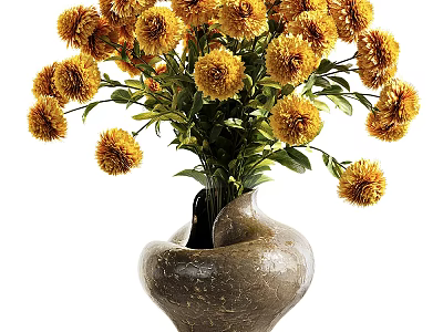 Yellow Flowers Arranged in Brown Ceramic Decorative Vase for Home Decoration 3d model