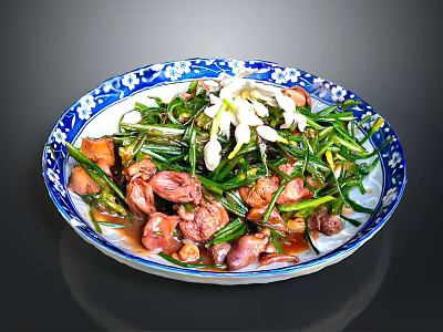 Chinese Traditional Dish On Blue And White Patterned Plate With Green Vegetables And Meat Pieces 3d model