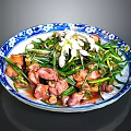 Chinese Traditional Dish On Blue And White Patterned Plate With Green Vegetables And Meat Pieces