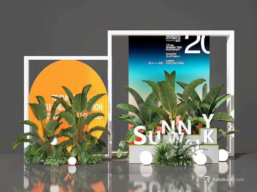 Vibrant Window Display Featuring Green Plants White Frames Orange Circle And Sunny Summit Letters 3d model