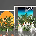 Vibrant Window Display Featuring Green Plants White Frames Orange Circle And Sunny Summit Letters 3d model
