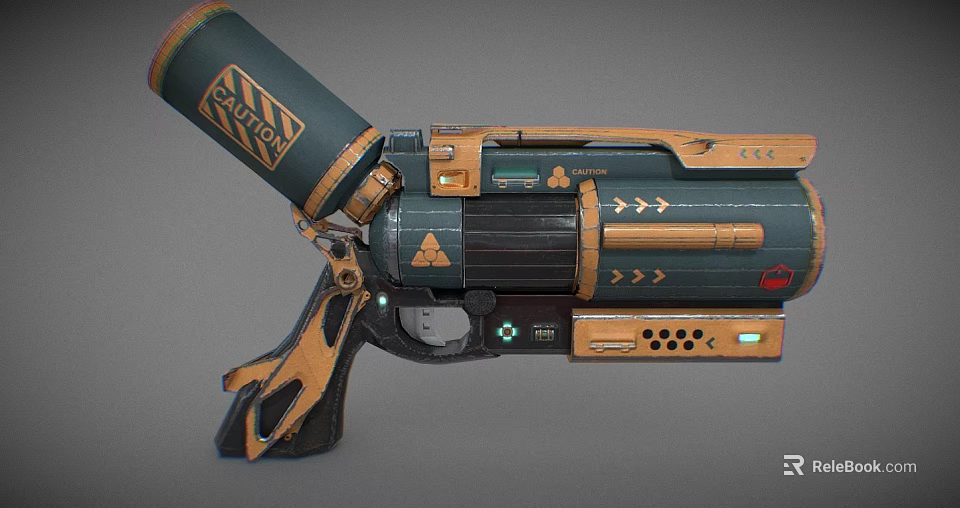 Futuristic Sci Fi Weapon Design With Mechanical Grip Caution Label And Glowing Blue Lights 3d model 