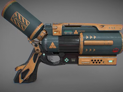 Futuristic Sci Fi Weapon Design With Mechanical Grip Caution Label And Glowing Blue Lights 3d model