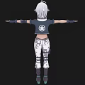 Woman With White Hair Green Eyes Red Top Black Jacket Camouflage Pants Boots Arms Outstretched