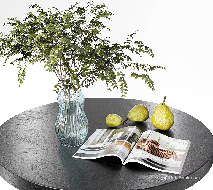 Glass Vase With Green Leafy Plants On Black Table With Yellow Pears And Open Magazine 3d model 