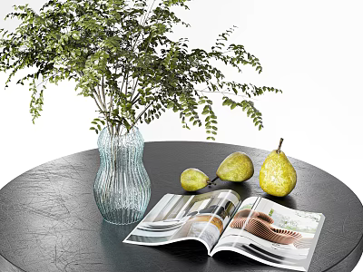 Glass Vase With Green Leafy Plants On Black Table With Yellow Pears And Open Magazine 3d model