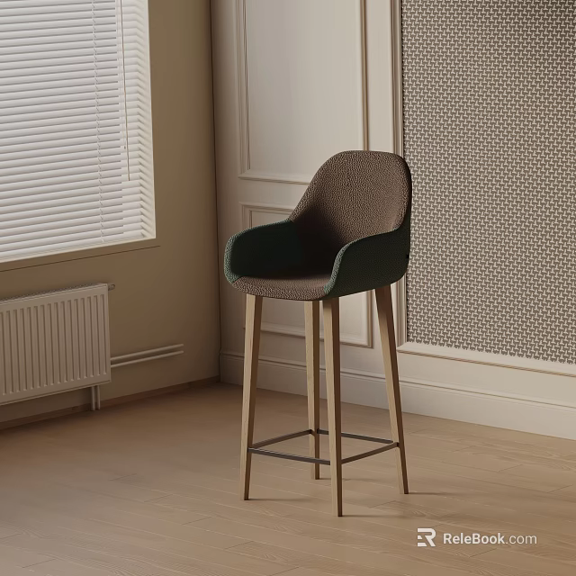Dark Upholstered Bar Stool With Wooden Legs In Modern Room Window Blinds Light Walls Floor 3d model 