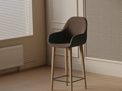 Dark Upholstered Bar Stool With Wooden Legs In Modern Room Window Blinds Light Walls Floor 3d model