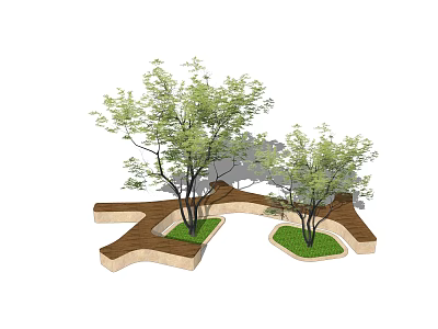 Garden Ornament Design With Irregular Shaped Wooden Platforms Green Trees And Lawn 3d model
