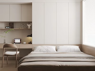 Modern Tatami Bedroom Interior Design With Bed Desk Chair And Window Blinds 3d model