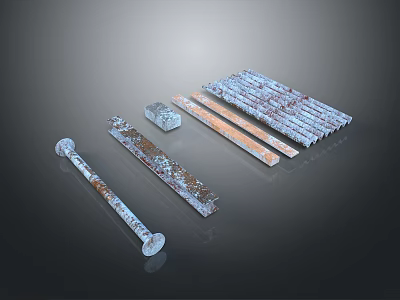 Rusty Metal Bars And Bolts With Corroded Surface In Different Sizes 3d model