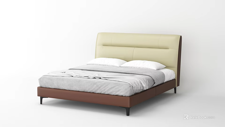 Modern Double Bed With Beige Headboard Brown Frame And Gray Bedding 3d model
