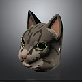3D Rendered Gray Striped Cat Head With Green Eyes And Pink Ears