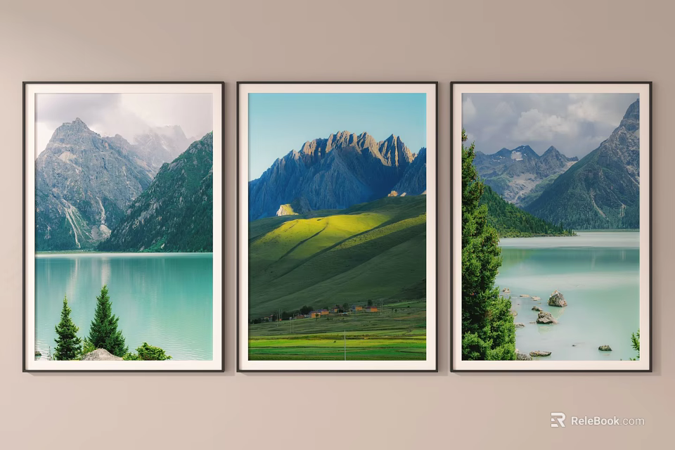 Three Landscape Paintings Featuring Mountains Lake Green Meadow Trees And Stones 3d model 
