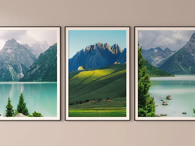 Three Landscape Paintings Featuring Mountains Lake Green Meadow Trees And Stones 3d model