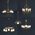 Modern Golden Metal Chandelier With Five White Lampshades And Glowing Lights