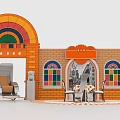 Decorative Scene With Orange Brick Wall Rainbow Arch Stained Glass Windows Table Chairs And Mural