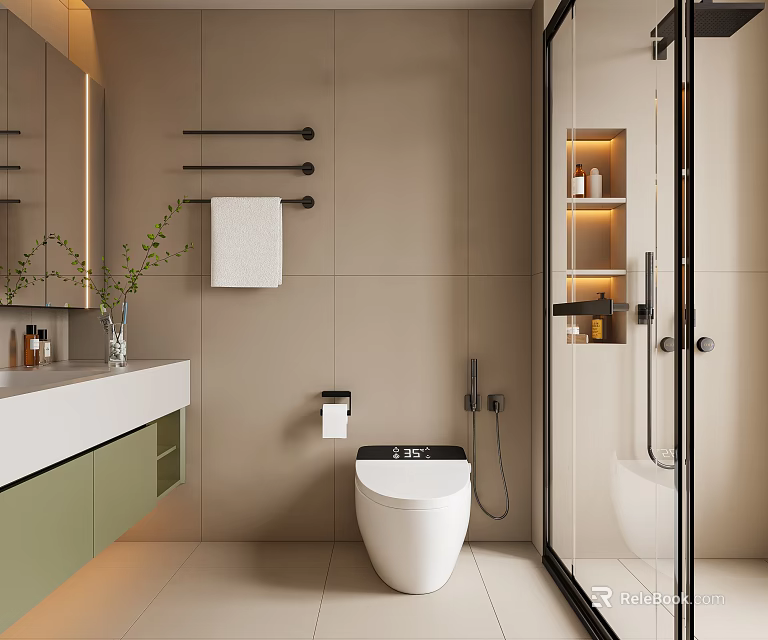 Modern Bathroom Interior With Beige Tiled Walls White Toilet Green Cabinets And Glass Shower 3d model 