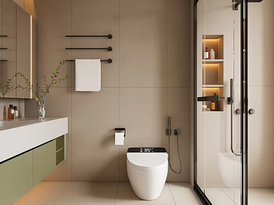 Modern Bathroom Interior With Beige Tiled Walls White Toilet Green Cabinets And Glass Shower 3d model