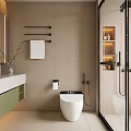Modern Bathroom Interior With Beige Tiled Walls White Toilet Green Cabinets And Glass Shower
