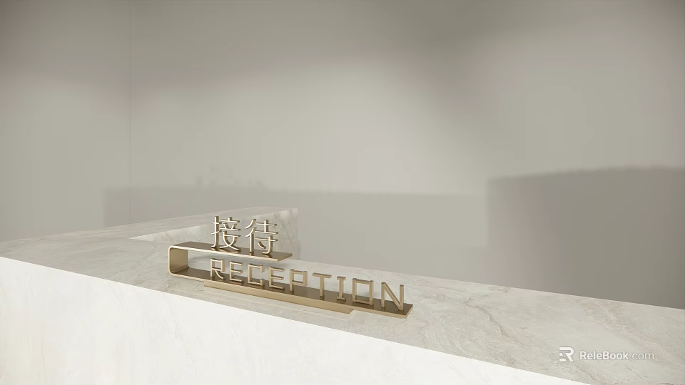 Elegant Modern Reception Area Featuring Gold Sign On Marble Countertop 3d model