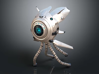Futuristic Robotic Equipment With Tripod Legs And Circular Sensor Lens 3d model