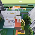 Modern Elevator Corridor In White Building With Slide And Playground Area Near Trees