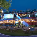 Modern Illuminated Container Building Exterior Night View with Ocean Theme Moon Decorations and Front Steps
