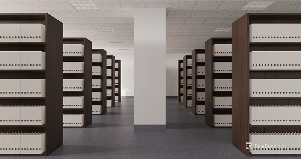 Archive Room With Wooden Bookshelves White File Cabinets White Pillars Gray Floor And White Ceiling 3d model 