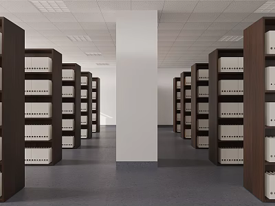 Archive Room With Wooden Bookshelves White File Cabinets White Pillars Gray Floor And White Ceiling 3d model