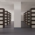 Archive Room With Wooden Bookshelves White File Cabinets White Pillars Gray Floor And White Ceiling