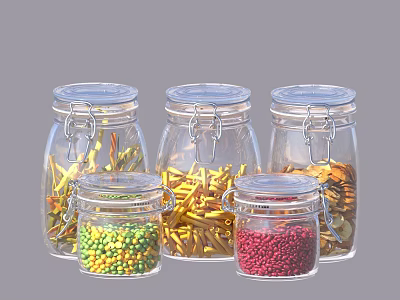 Clear Glass Jars With Various Food Items Like Pasta Beans And Colorful Grains 3d model