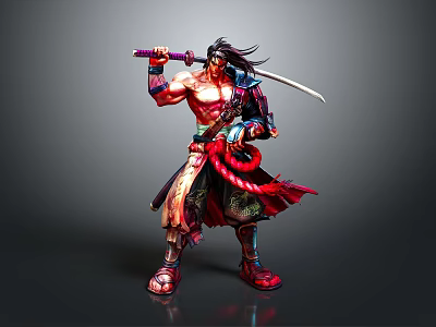 Muscular Warrior Man Holding Sword In Ornate Red Black Clothing Standing Pose 3d model