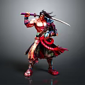 Muscular Warrior Man Holding Sword In Ornate Red Black Clothing Standing Pose