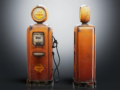 Vintage Public Facility Two Orange Gas Pumps With Old Signs And Hoses 3d model